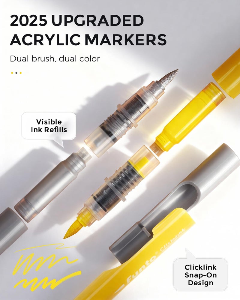 Funto ClickLink Refillable Acrylic Markers, 48 Colors & 50 Refills (98-Piece Set) with Brush Tip - Ideal for DIY Crafts, Holiday Gifts on Ceramic, Glass, Wood - Image 2