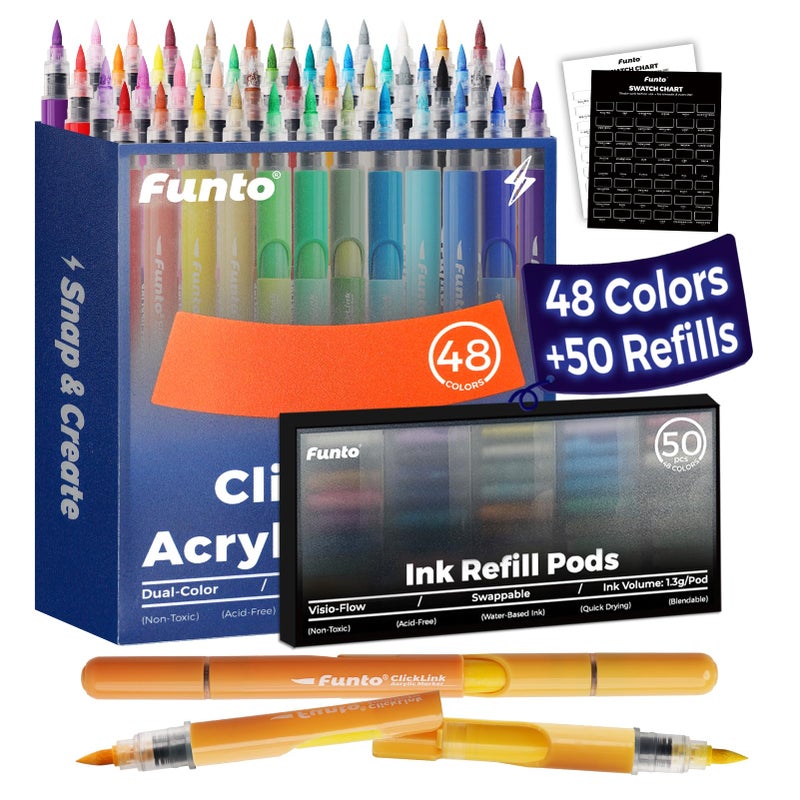 Funto ClickLink Refillable Acrylic Markers, 48 Colors & 50 Refills (98-Piece Set) with Brush Tip - Ideal for DIY Crafts, Holiday Gifts on Ceramic, Glass, Wood - Image 1