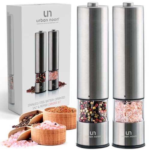 urban noon Electric Salt and Pepper Grinder Set - Stainless Steel Battery Operated Salt & Pepper Mills with Light (Pack of 2) - Automatic One Handed Operation Adjustable Ceramic Grinders - Image 1