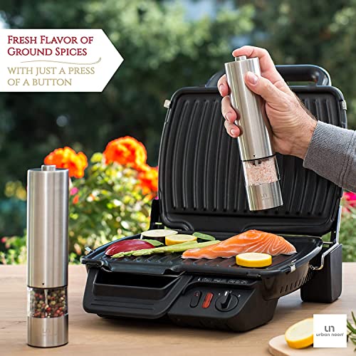 urban noon Electric Salt and Pepper Grinder Set - Stainless Steel Battery Operated Salt & Pepper Mills with Light (Pack of 2) - Automatic One Handed Operation Adjustable Ceramic Grinders - Image 5