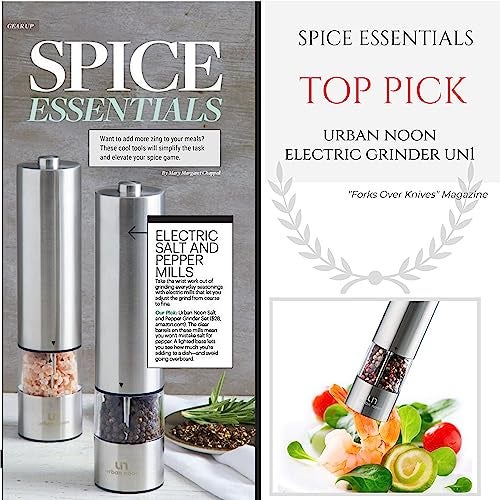 urban noon Electric Salt and Pepper Grinder Set - Stainless Steel Battery Operated Salt & Pepper Mills with Light (Pack of 2) - Automatic One Handed Operation Adjustable Ceramic Grinders - Image 3