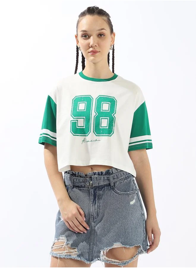 هوبرهولمي Women's Multicolour 100% Cotton Printed Boxy Fit T-Shirt