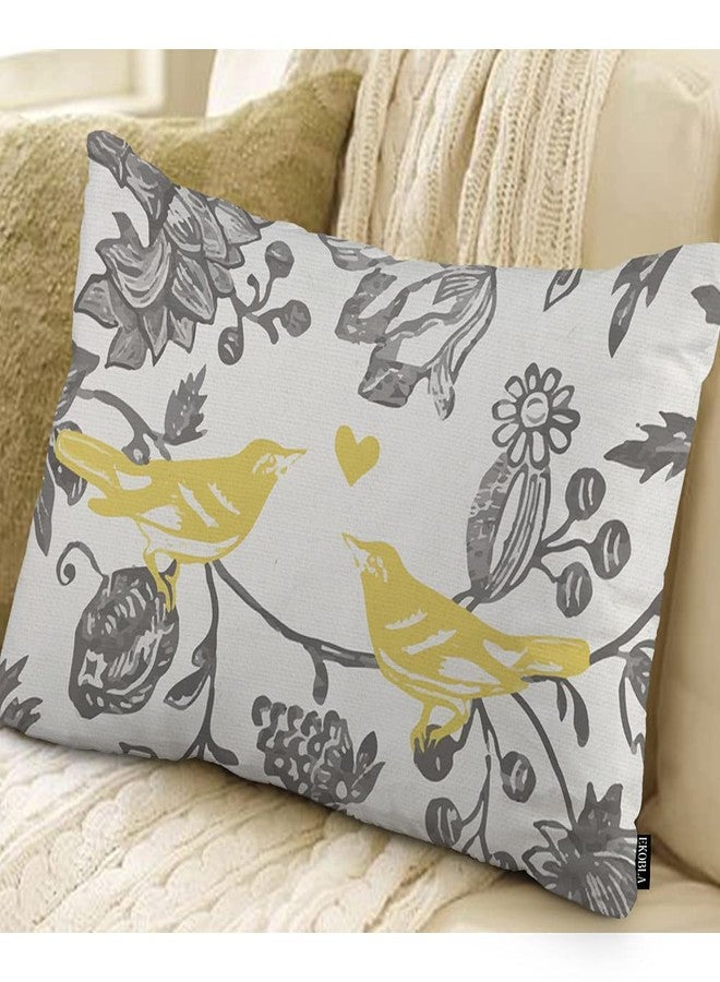 EKOBLA Trendy Yellow Gray Ivory Vintage Floral Bird Oblong Throw Pillow Covers Flower Branches Decorative Cushion Cases for Couch Sofa Bedroom Cotton Linen 12x20 Inches - Image 2
