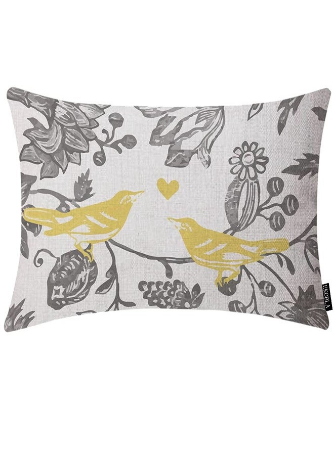 EKOBLA Trendy Yellow Gray Ivory Vintage Floral Bird Oblong Throw Pillow Covers Flower Branches Decorative Cushion Cases for Couch Sofa Bedroom Cotton Linen 12x20 Inches - Image 1