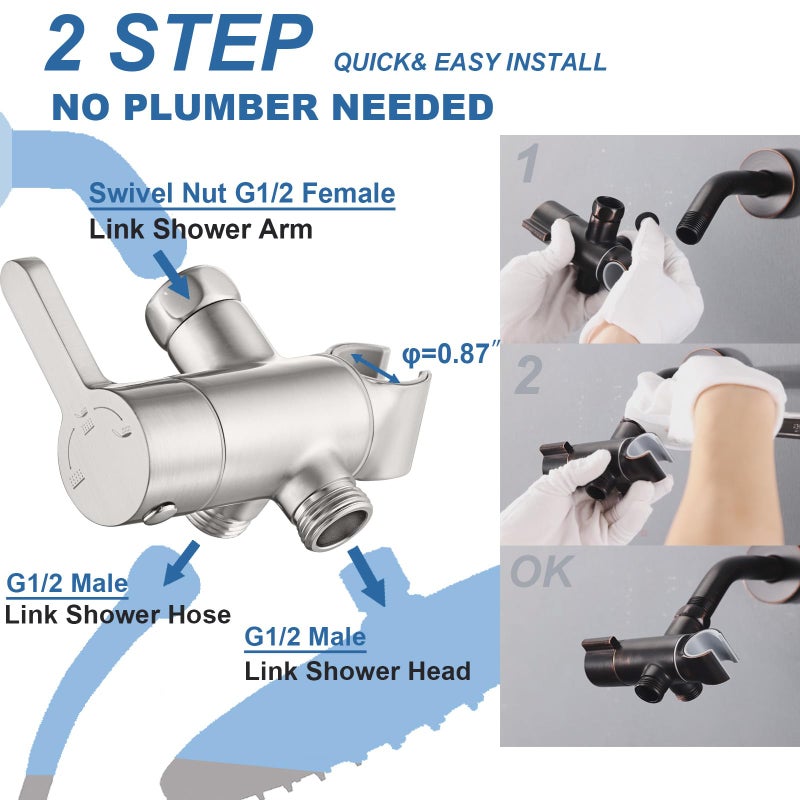 Uvish High Pressure All Metal 3 Way Shower Diverter Valve With Hand Shower Holder  G1/2 Shower Head Splitter  Shower Arm Diverter  Bathroom Universal Shower System Replacement Part (Brushed) - Image 3