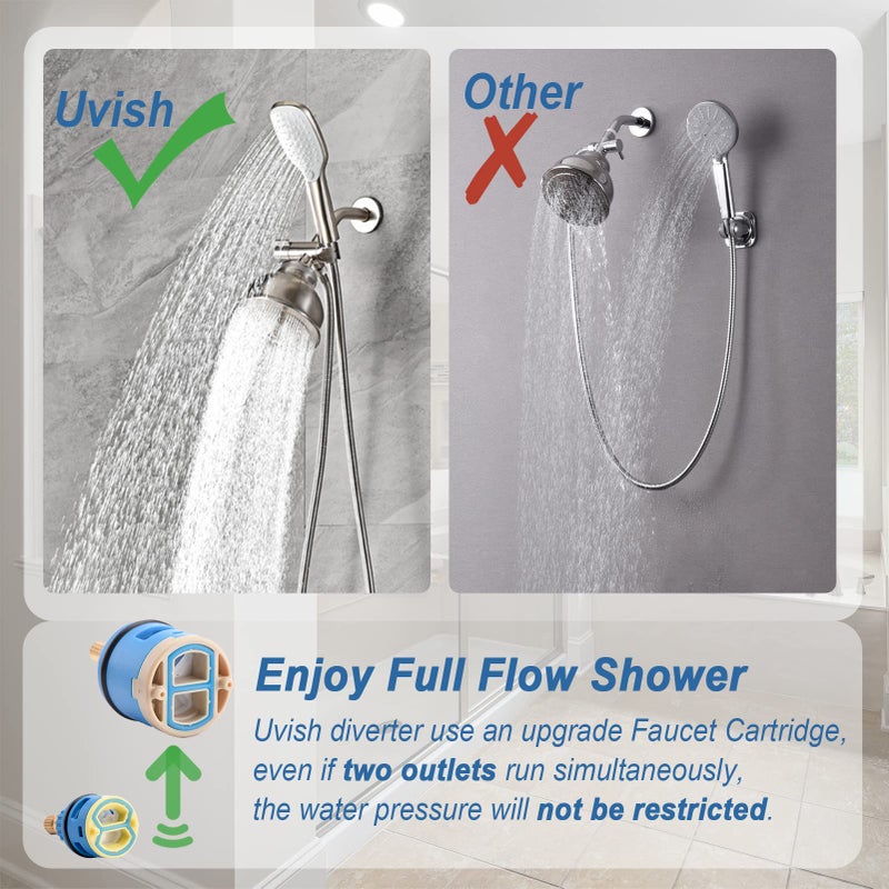 Uvish High Pressure All Metal 3 Way Shower Diverter Valve With Hand Shower Holder  G1/2 Shower Head Splitter  Shower Arm Diverter  Bathroom Universal Shower System Replacement Part (Brushed) - Image 5