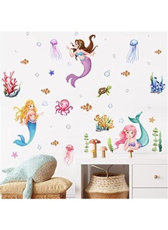 Cartoon Mermaid Wall Stickers Baby Girls Mermaid Under The Sea Wall Decals Stickers Multicultural Ocean Creatures Nursery Decoration Bedroom Playroom Art