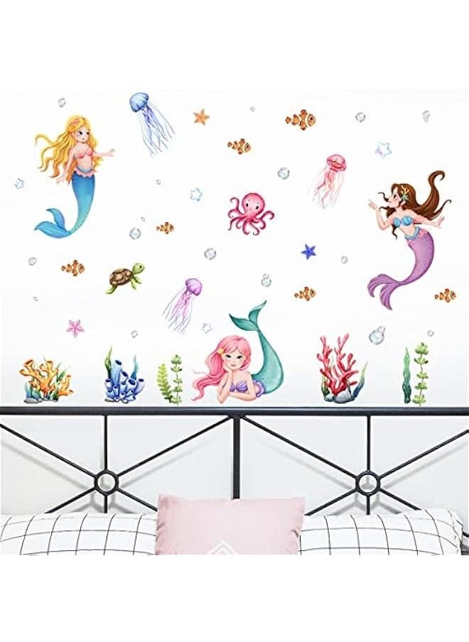 Generic - Cartoon Mermaid Wall Stickers Baby Girls Mermaid Under The Sea Wall Decals Stickers Multicultural Ocean Creatures Nursery Decoration Bedroom Playroom Art - Image 1