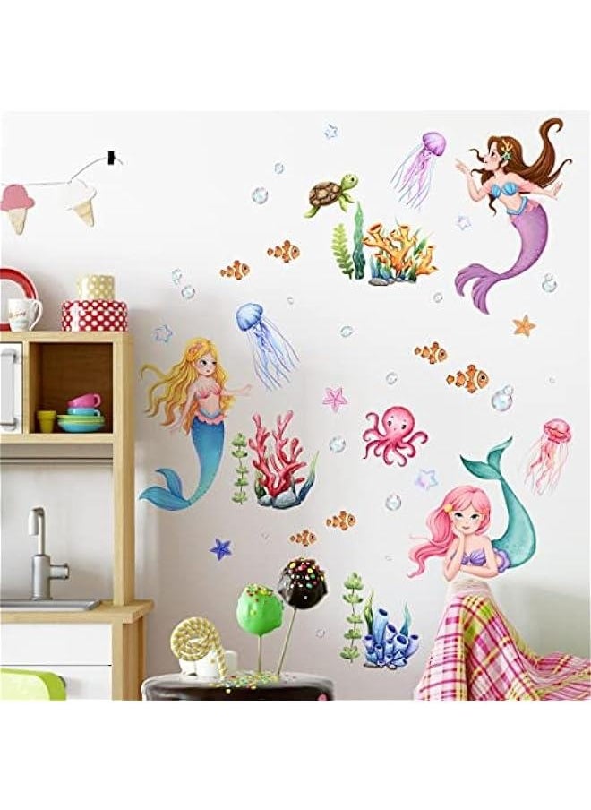 Generic - Cartoon Mermaid Wall Stickers Baby Girls Mermaid Under The Sea Wall Decals Stickers Multicultural Ocean Creatures Nursery Decoration Bedroom Playroom Art - Image 1