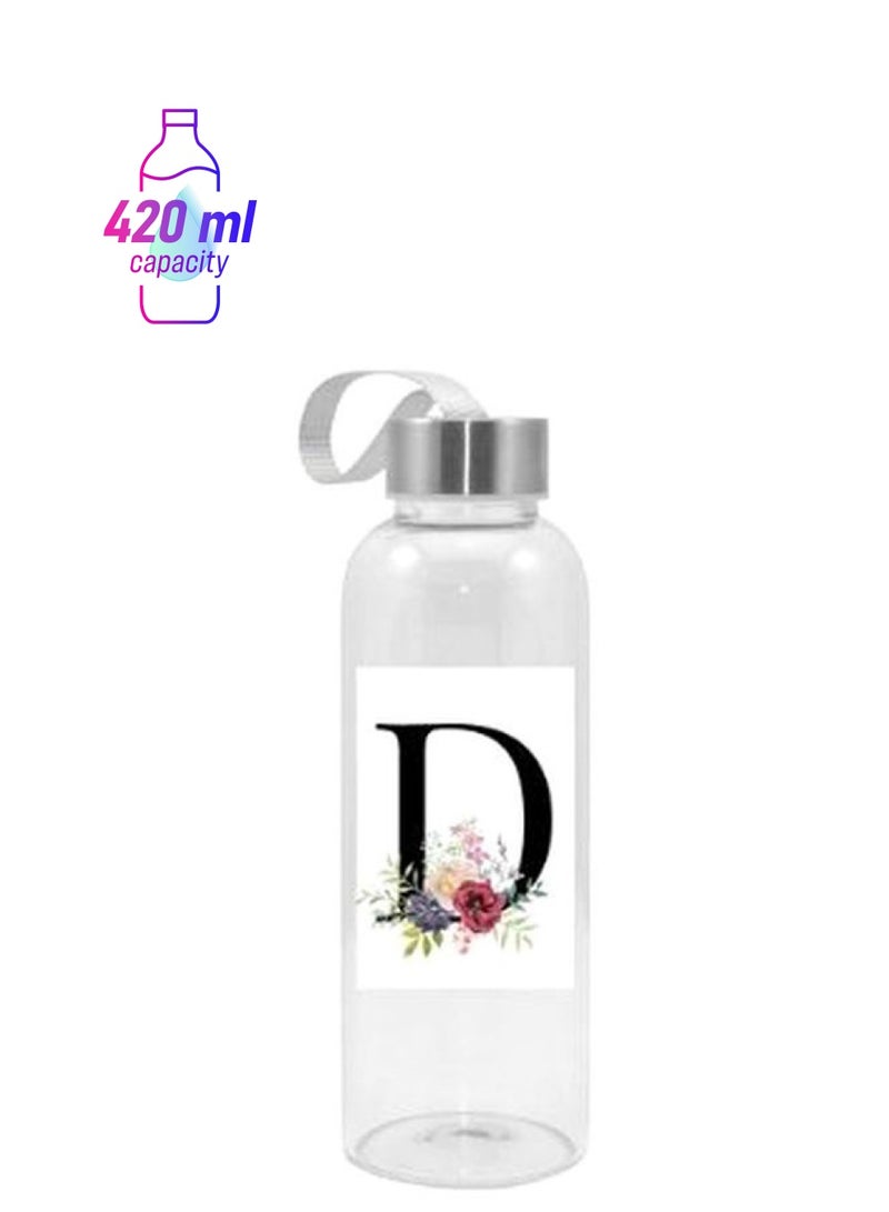 نيبمينينت زجاجة مياه بطبعة حرف D وزهور شفاف/ أبيض/ أسود 420مل