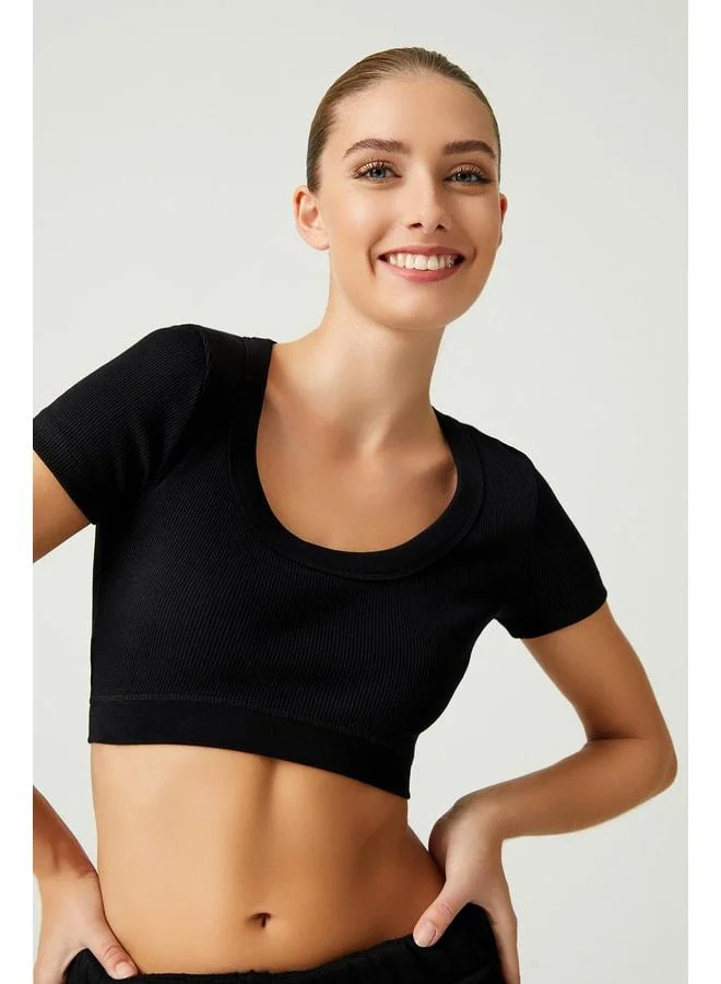Los Ojos x Melodi Black Cotton Ribbed Crop T-Shirt Short Sleeve