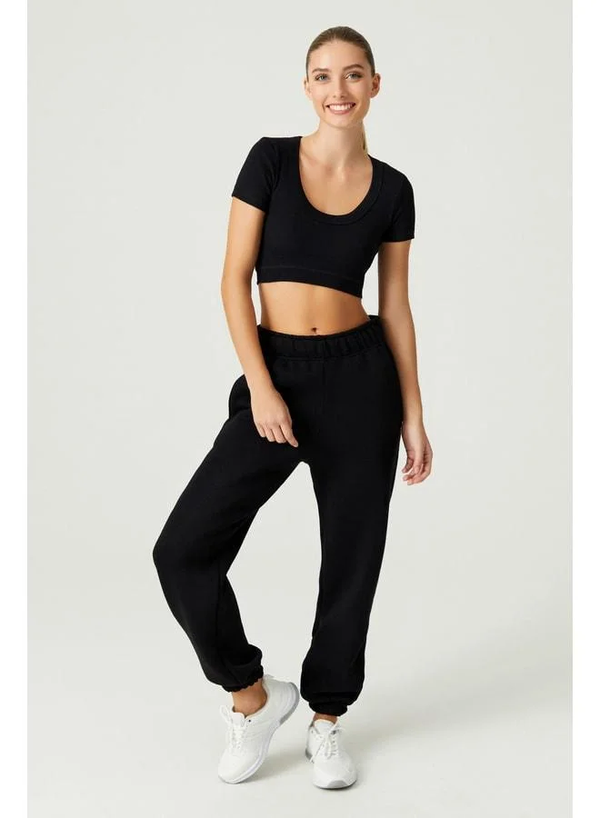 Los Ojos x Melodi Black Cotton Ribbed Crop T-Shirt Short Sleeve