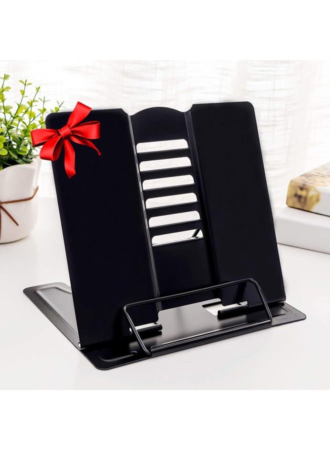MSDADA Desk Book Stand Metal Reading Rest Book Holder Adjustable Cookbook Documents Holder Portable Sturdy Bookstands for Recipes Textbooks Tablet Music Books with Page Clips (Black) - Image 1
