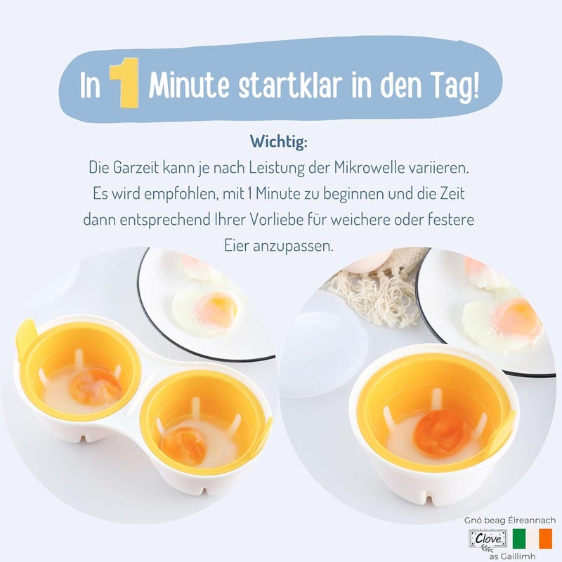 كلوف CLOVE Eggcellent Microwave Egg Poachers 2 أكواب طهي بيض خالية من مادة BPA، آمنة لغسالة الصحون، جهاز صنع البيض المسلوق بالميكروويف مع غطاء وصينية قابلة للإزالة - Image 2