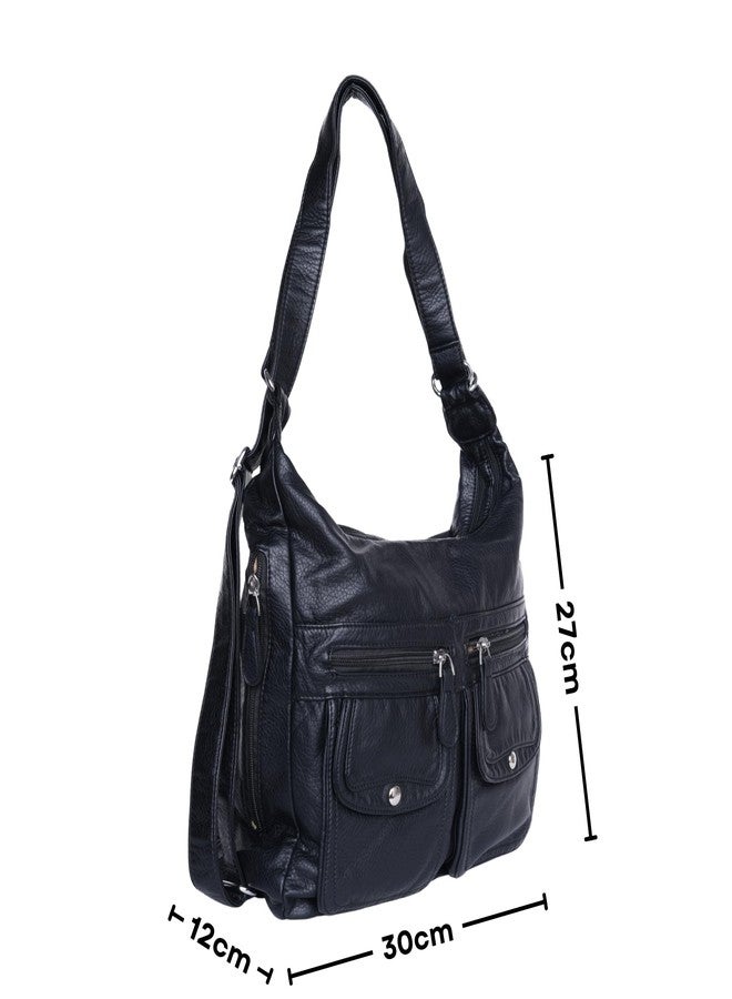 SANTORINI DualMode Handbag Women’s 2-in-1 Convertible Shoulder bag & Backpack | Multi-Pocket Bag with Adjustable Strap, 2 Main Compartments, Front Magnetic Pockets & Side Zipper Pockets (Black) - Image 4