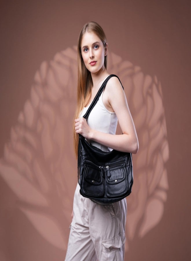 SANTORINI DualMode Handbag Women’s 2-in-1 Convertible Shoulder bag & Backpack | Multi-Pocket Bag with Adjustable Strap, 2 Main Compartments, Front Magnetic Pockets & Side Zipper Pockets (Black) - Image 3