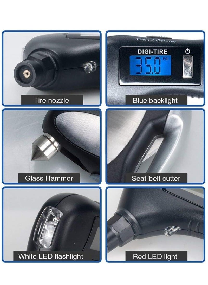 MOCOM Digital Car Tyre Pressure Gauge with Auto Car Emergency Tool Kit with safety glass hammer, Knife, Seatbelt Cutter, Screwdriver and More  - Image 3