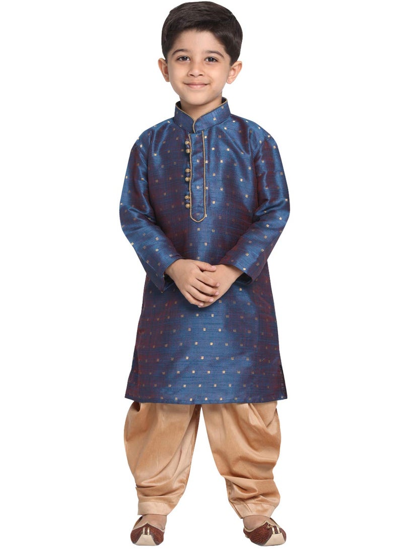JBN Creation Boys' Persian Blue and Rose Gold Silk Blend Kurta and Dhoti Pant Set (VASBK023BUnCDRG, for 13-14 Years) - Image 1