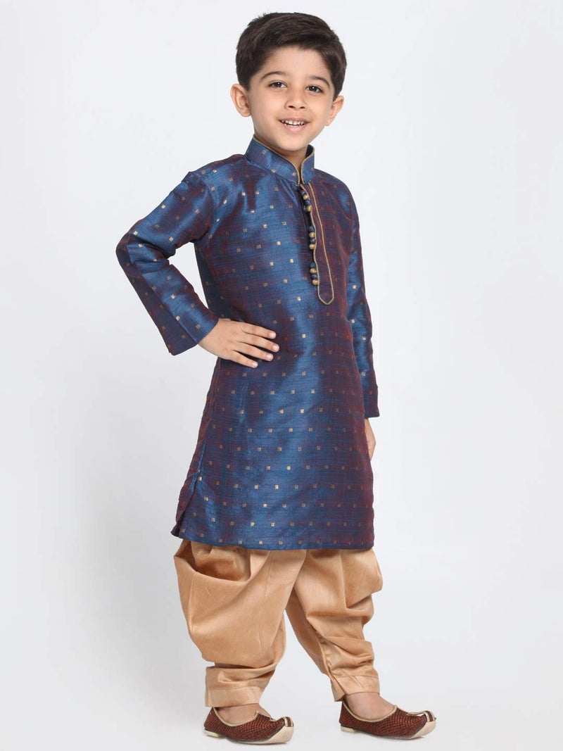 JBN Creation Boys' Persian Blue and Rose Gold Silk Blend Kurta and Dhoti Pant Set (VASBK023BUnCDRG, for 13-14 Years) - Image 3