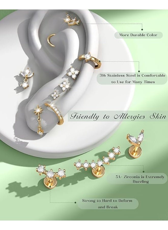 Arabest 12 Pieces Helix Piercings Surgical Steel Earrings Gold Piercing Stud Earrings Set Tragus Piercing Silver Hypoallergenic Rook Daith Conch Cartilage Ear Piercing Helix Piercings Ear Jewellery - Image 5
