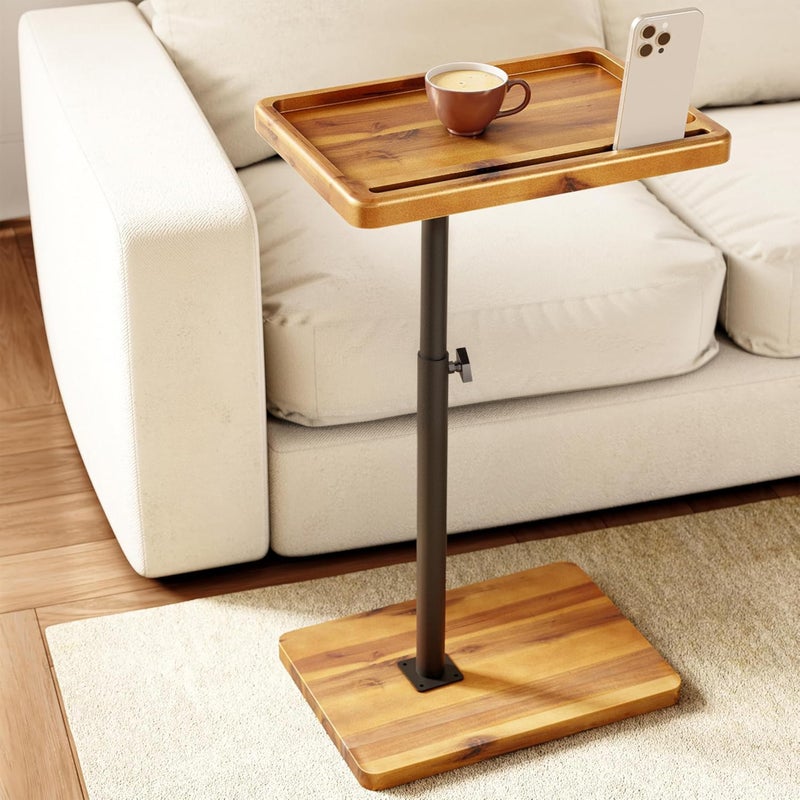 HOLANA Acacia Wood Adjustable C-Shaped Couch Table â€“ 360Â° Swivel Side Table for Sofa - Small End Table for iPad, Laptop, or TV Tray â€“ Eating Trays for Living Room or Bedside Use (Acacia) - Image 1