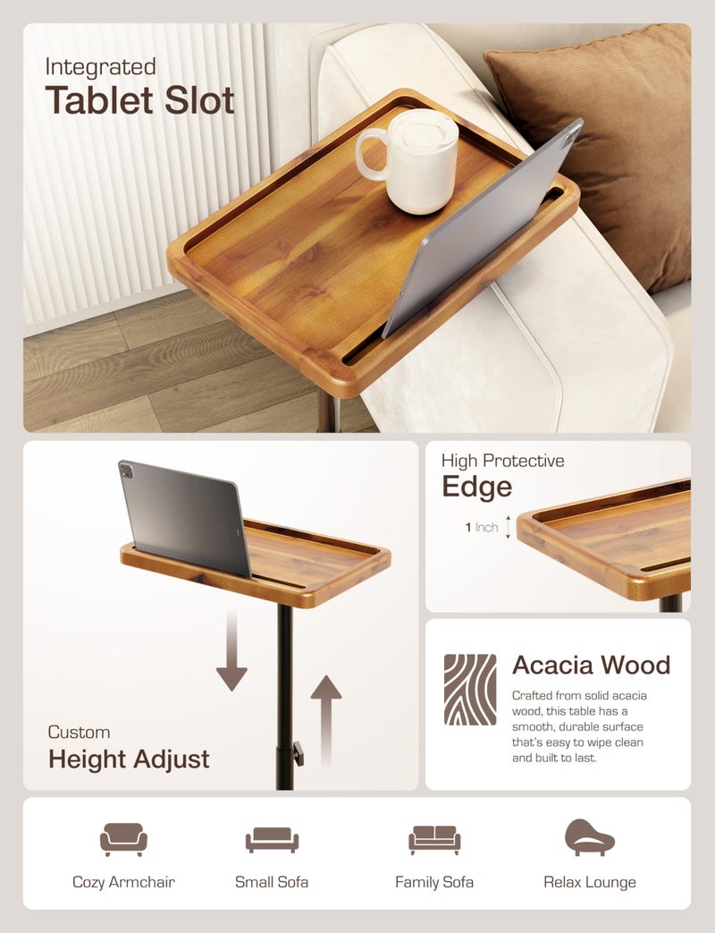 HOLANA Acacia Wood Adjustable C-Shaped Couch Table â€“ 360Â° Swivel Side Table for Sofa - Small End Table for iPad, Laptop, or TV Tray â€“ Eating Trays for Living Room or Bedside Use (Acacia) - Image 3