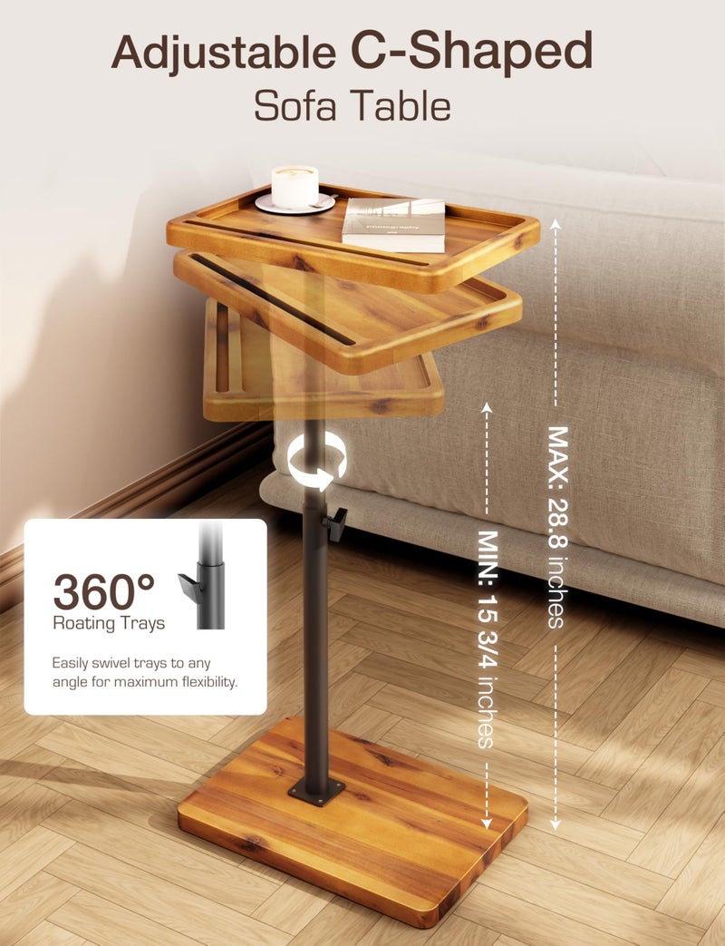 HOLANA Acacia Wood Adjustable C-Shaped Couch Table â€“ 360Â° Swivel Side Table for Sofa - Small End Table for iPad, Laptop, or TV Tray â€“ Eating Trays for Living Room or Bedside Use (Acacia) - Image 2