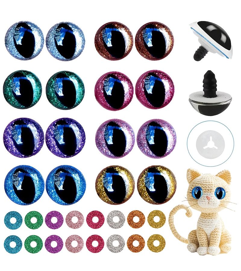 32 Pieces 20 mm 3D Cat Eye Plush Safety Eyes Glitter Plastic Safety Eyes Multicolor With Assorted Sizes And Colors For Crochet Toys Amigurumi Dolls Sewing Artists Mixed Color Craft Projects - Image 1