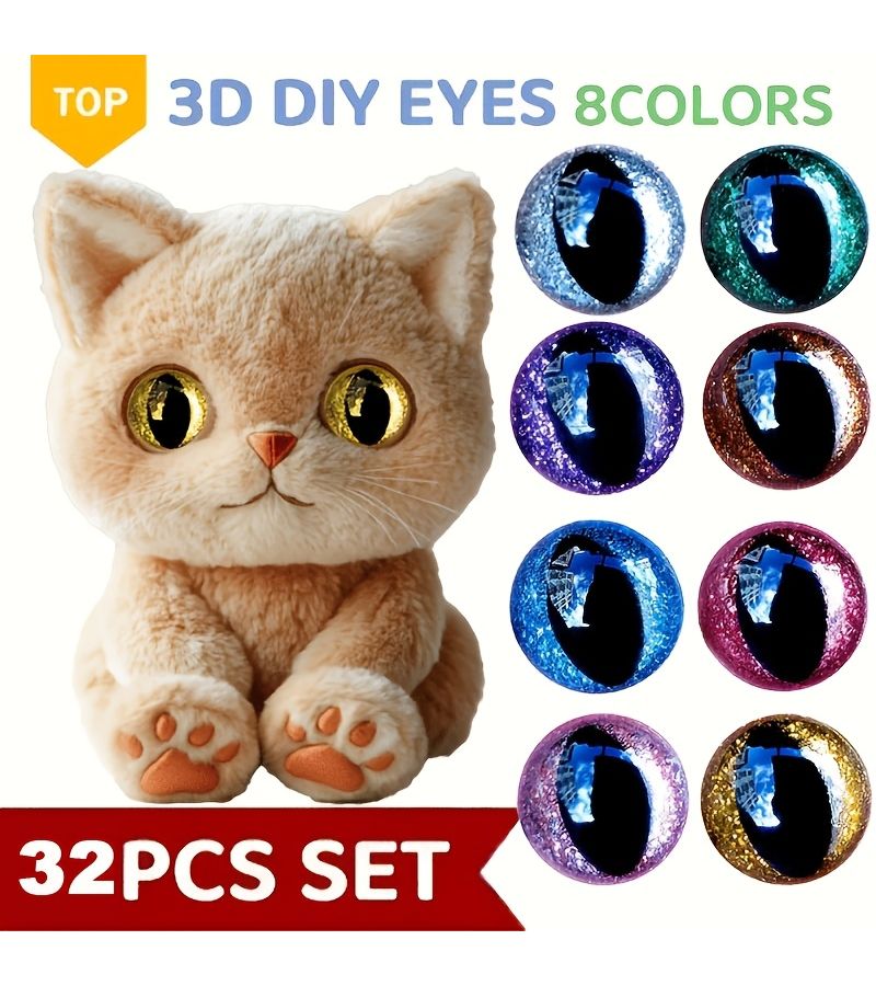32 Pieces 20 mm 3D Cat Eye Plush Safety Eyes Glitter Plastic Safety Eyes Multicolor With Assorted Sizes And Colors For Crochet Toys Amigurumi Dolls Sewing Artists Mixed Color Craft Projects - Image 3