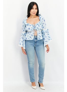Asos Design Women Tie Neck Bell Sleeves Floral Print Crop Top, Blue  - Image 4