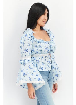 Asos Design Women Tie Neck Bell Sleeves Floral Print Crop Top, Blue  - Image 2