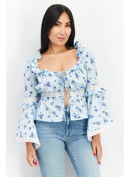 Asos Design Women Tie Neck Bell Sleeves Floral Print Crop Top, Blue  - Image 1