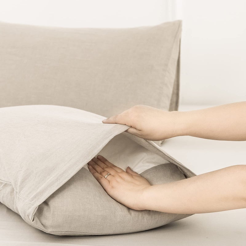 MooMee Bedding Pillowcases Pack of 2 100% Washed Cotton Linen Like Textured Breathable Durable Soft Comfy (Cream Grey  King) - Image 4