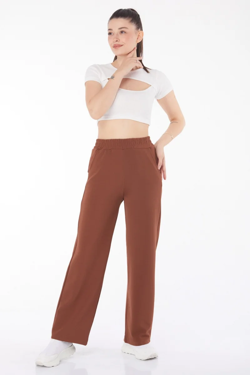 Tofisa Plain Mid Women Brown Pocketed Wide Leg Trousers - 25796