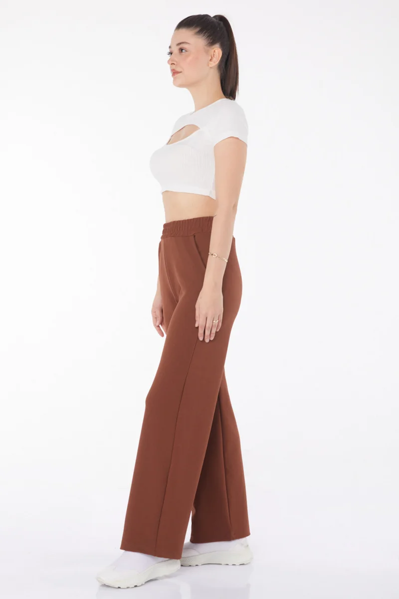 Tofisa Plain Mid Women Brown Pocketed Wide Leg Trousers - 25796