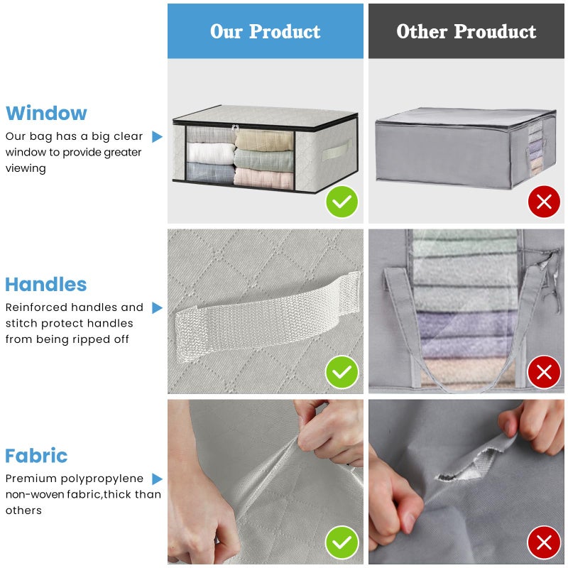 HomeHacks Storage 3-Pack Clothes Organizer Storage Bags Foldable Storage Box with Large Clear Window Sturdy Handles for Closet, Dorm, Pillows, Bedding, Clothes, Blankets, 35L, Ivory - Image 5