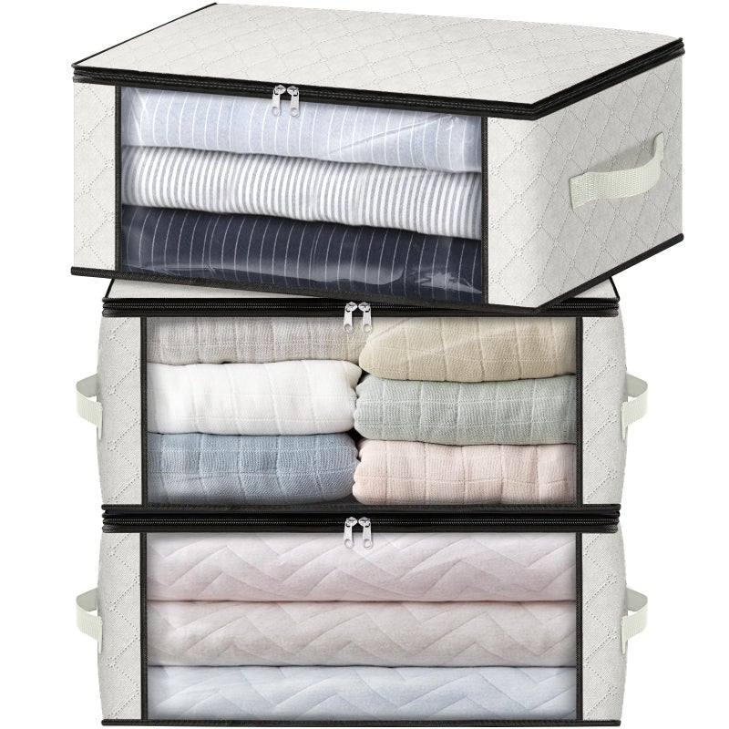 HomeHacks Storage 3-Pack Clothes Organizer Storage Bags Foldable Storage Box with Large Clear Window Sturdy Handles for Closet, Dorm, Pillows, Bedding, Clothes, Blankets, 35L, Ivory - Image 1