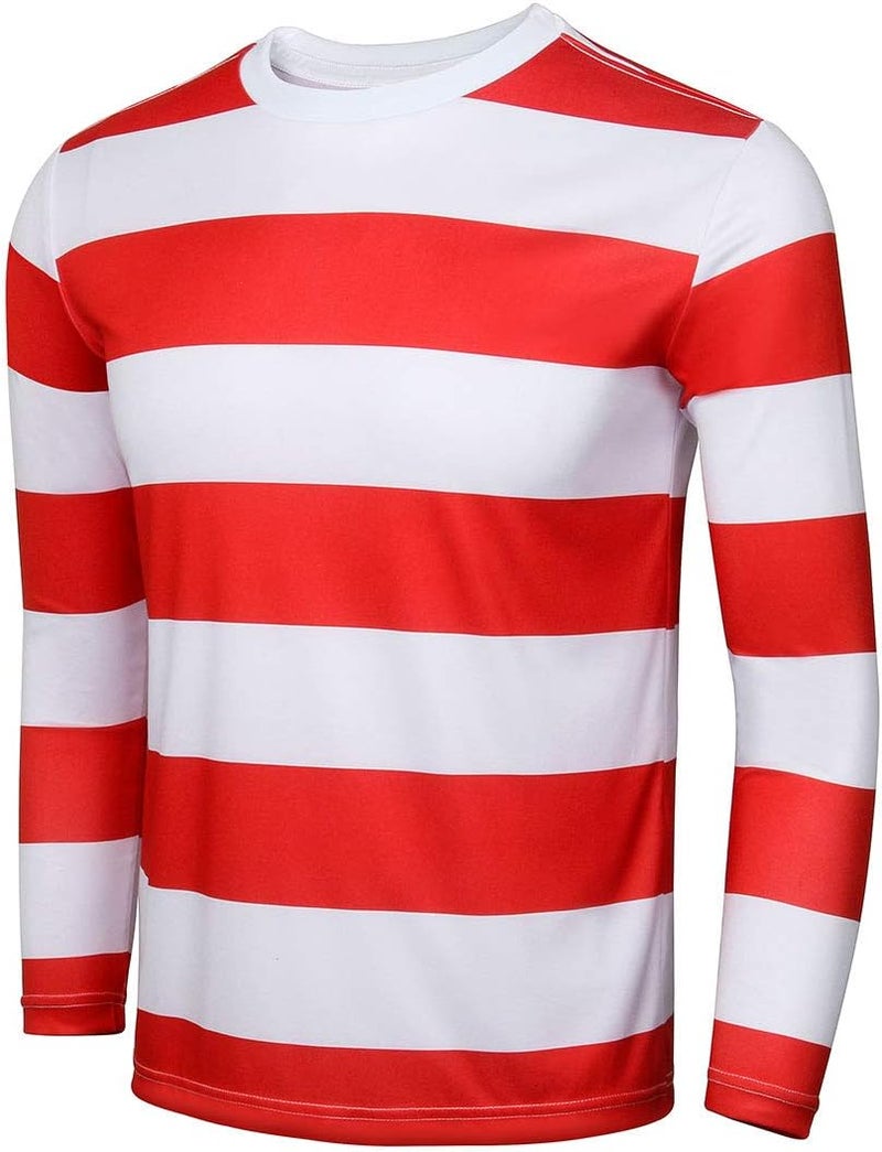FOCUSOUL Adult Men Red and White Striped Tee Shirt Glasses Hat Outfit Suit Set Halloween Cosplay Costume Party Props - Image 3