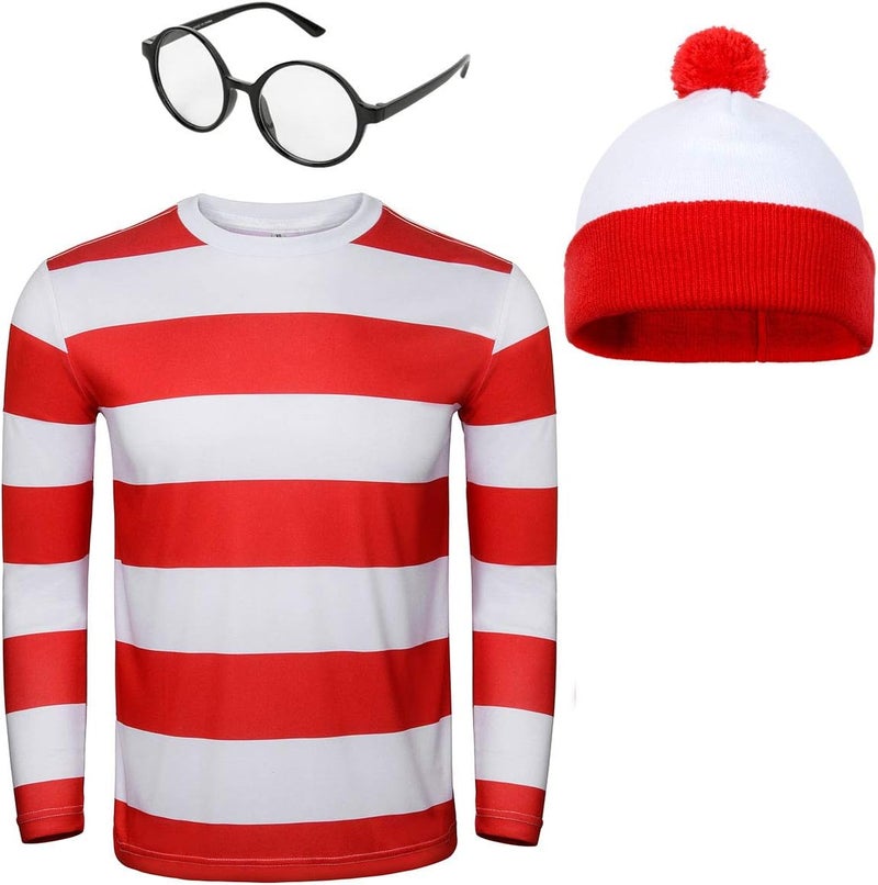 FOCUSOUL Adult Men Red and White Striped Tee Shirt Glasses Hat Outfit Suit Set Halloween Cosplay Costume Party Props - Image 1