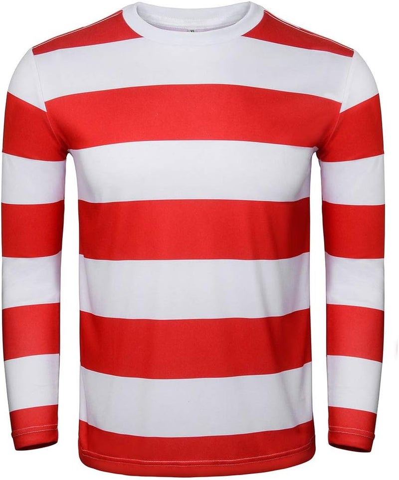 FOCUSOUL Adult Men Red and White Striped Tee Shirt Glasses Hat Outfit Suit Set Halloween Cosplay Costume Party Props - Image 2