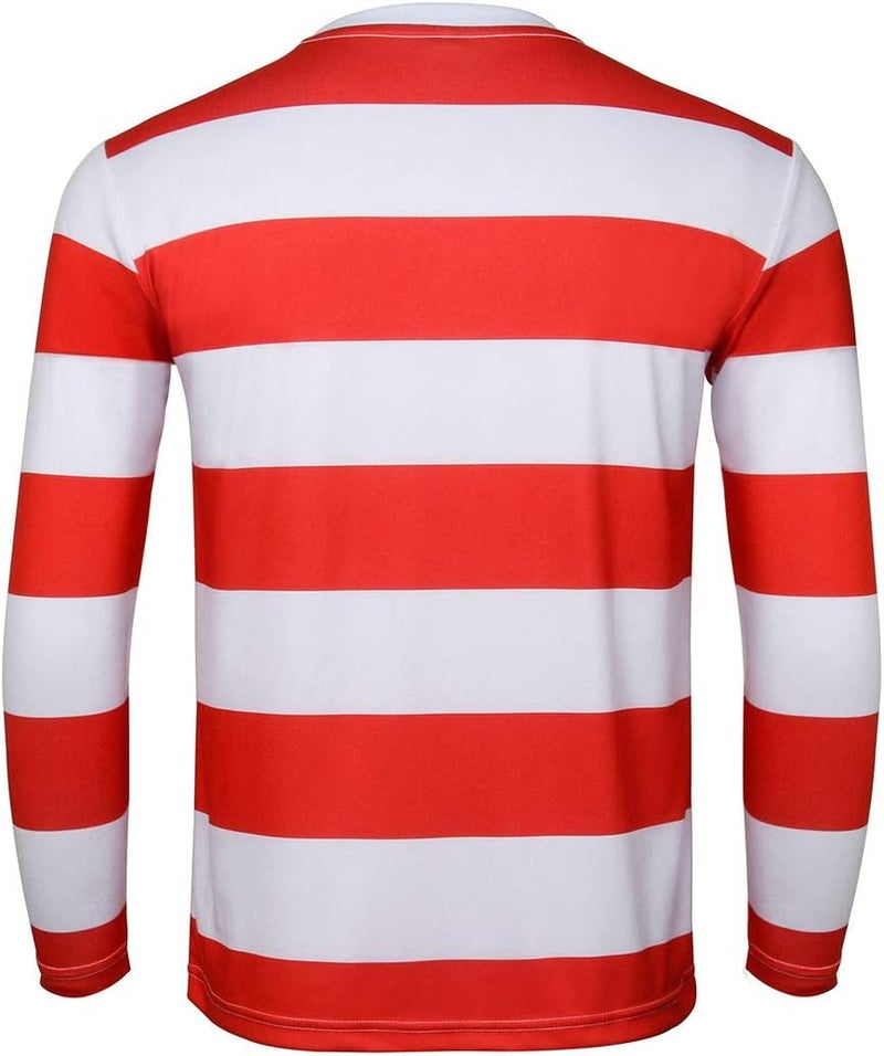 FOCUSOUL Adult Men Red and White Striped Tee Shirt Glasses Hat Outfit Suit Set Halloween Cosplay Costume Party Props - Image 4