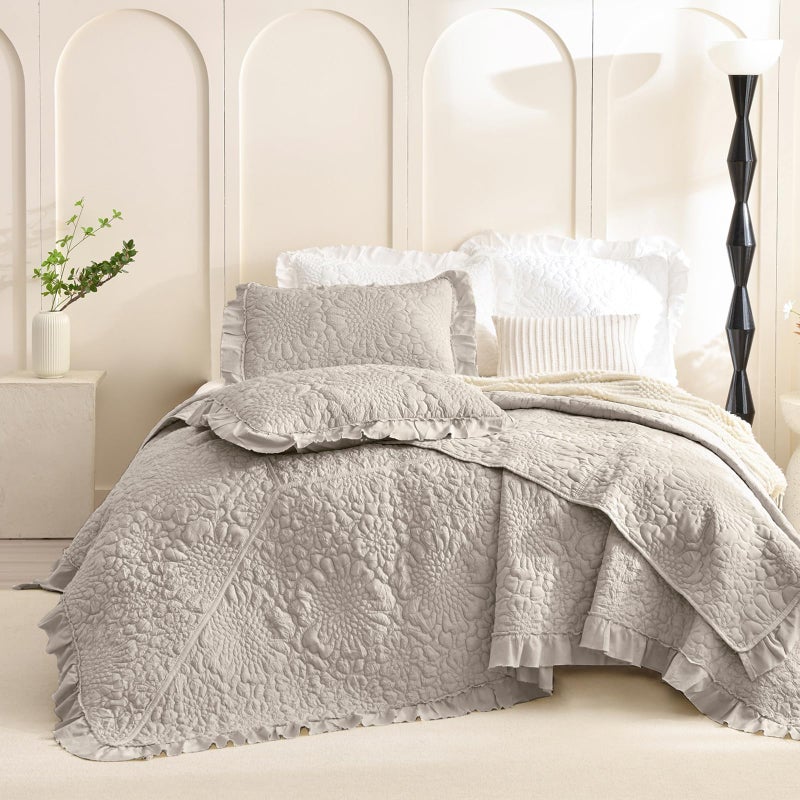 Masaca Oversized King Bedspread 128x120Linen Colored Ruffled Shabby Boho Chic Quilt Set 3Pcs Soft Lightweight Farmhouse Crinkled Extra Large King Quilt Coverlet Bedding Set - Image 2