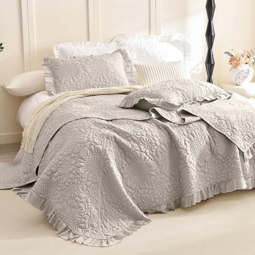 Masaca Oversized King Bedspread 128x120Linen Colored Ruffled Shabby Boho Chic Quilt Set 3Pcs Soft Lightweight Farmhouse Crinkled Extra Large King Quilt Coverlet Bedding Set - Image 3