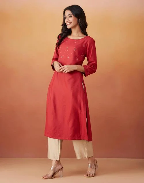 Fabindia Red Viscose Silk Slim Fit Long Kurta