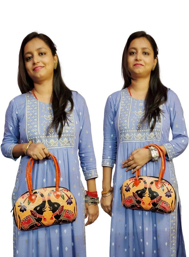 CLASSIQUE Shantiniketan Pure Leather Traditional Printed Handbag Purse for Women Batua Dual Elephant - Image 3