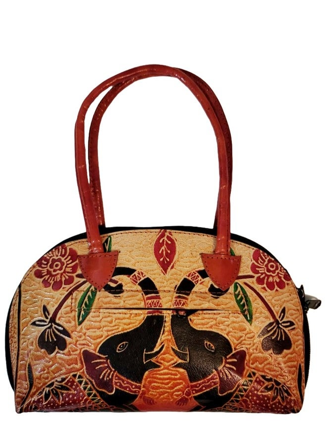 CLASSIQUE Shantiniketan Pure Leather Traditional Printed Handbag Purse for Women Batua Dual Elephant - Image 2