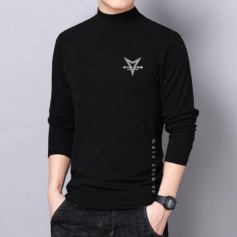 De Rong Constant Temperature Thermal Underwear fleece-lined Thickened Inner Wear Mens Base Shirt Half-high Collar Solid Color Long-sleeved T-shirt Autumn Clothes Triangle Black [Side English German Velvet]]