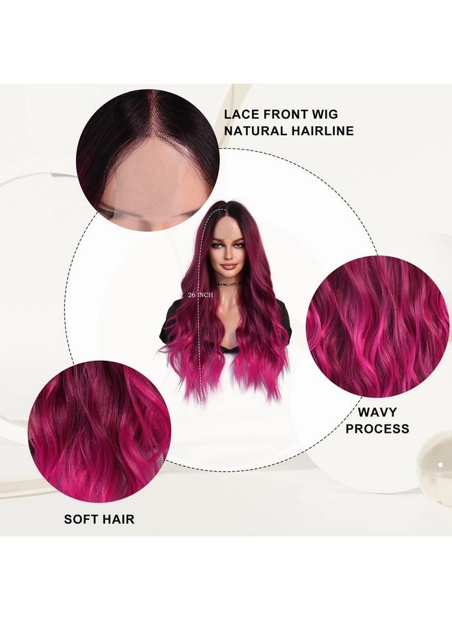 7JHH WIGS - Hot Pink Long Wig With Dark Root Middle Part Lace Front Wavy Burgundy Ombre Pink Wig Body Wave Synthetic Wig For Women Transparent Lace Wig Hair 180% Density Daily Wear Wig 27 Inch - Image 1