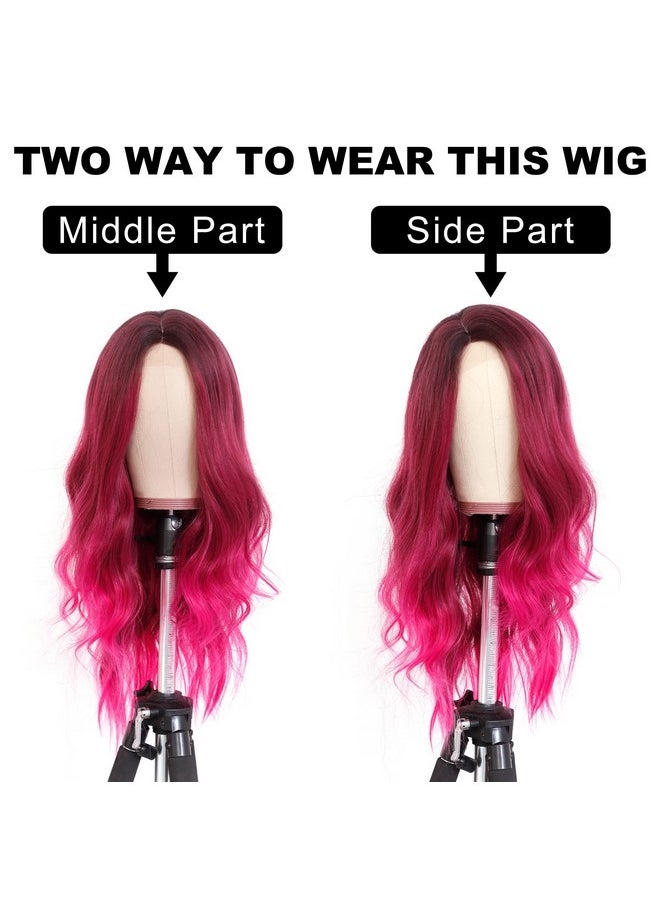 7JHH WIGS - Hot Pink Long Wig With Dark Root Middle Part Lace Front Wavy Burgundy Ombre Pink Wig Body Wave Synthetic Wig For Women Transparent Lace Wig Hair 180% Density Daily Wear Wig 27 Inch - Image 1