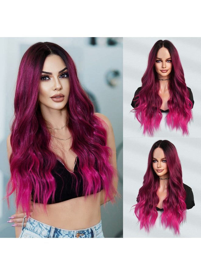 7JHH WIGS - Hot Pink Long Wig With Dark Root Middle Part Lace Front Wavy Burgundy Ombre Pink Wig Body Wave Synthetic Wig For Women Transparent Lace Wig Hair 180% Density Daily Wear Wig 27 Inch - Image 1